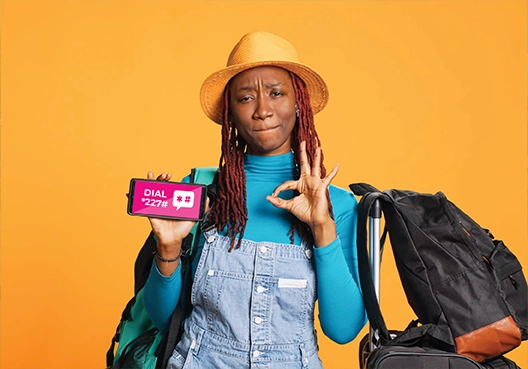 A student  using her mobile phone to buy a travel cover for an international study trip